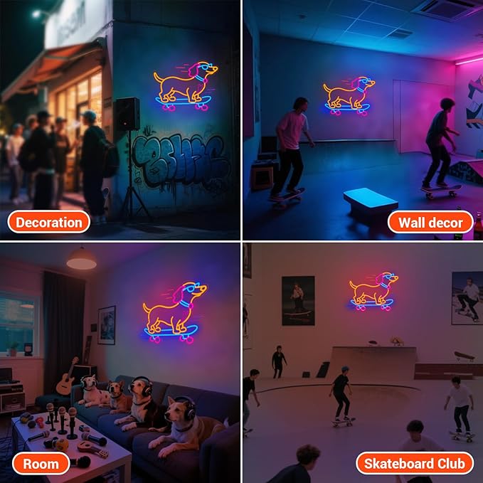 Dachshund Skateboarding Neon Sign, Skateboard Dog Neon Signs for Wall Decor Cool LED Wall Art Decor, Dimmable Dog Lover Gift for Living Room, Bar, Shop, or Birthday Party