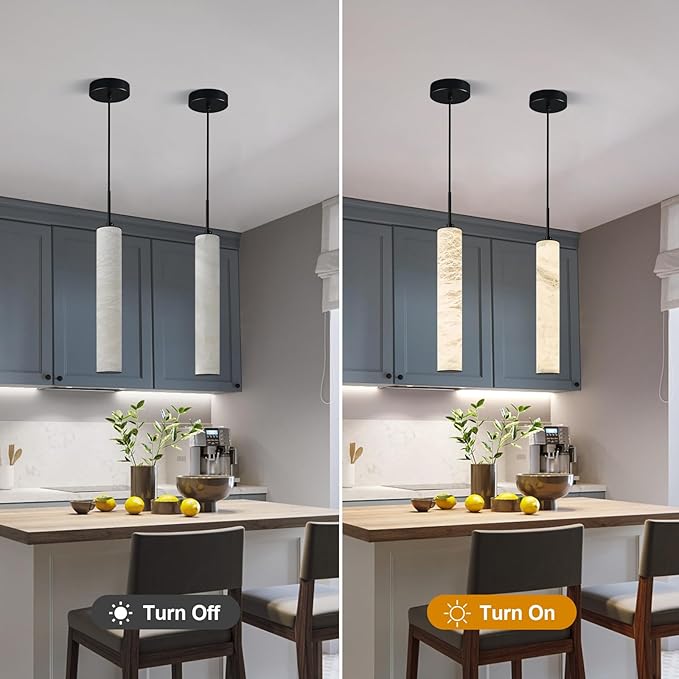 LMQNINE Natural Alabaster Pendant Lights for Kitchen Island White Marble Long Tube Chandelier Modern Black Ceiling Light Fixtures for Bedroom Dining Room Table Living Room Hallway(M-1Pack)