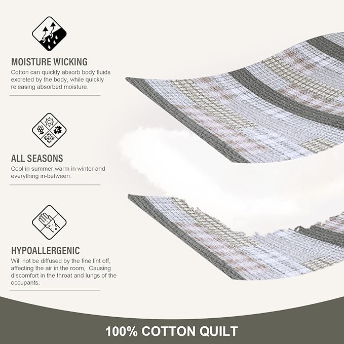 Y-PLWOMEN Quilts Queen Size - 100% Cotton Greyish Green Queen Quilt Farmhouse Plaid Quilted Bedspread, 3 Pieces Lightweight Reversible Queen Size Quilt Bedding Set for All Season