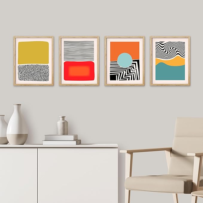 SIGNWIN Framed Mid-Century Modern 1980s Geometric Wall Art, Set of 4 Color Blocks Wall Decor Prints, Nature Wilderness Wall Décor for Living Room, Bedroom - 11"x14"Natural