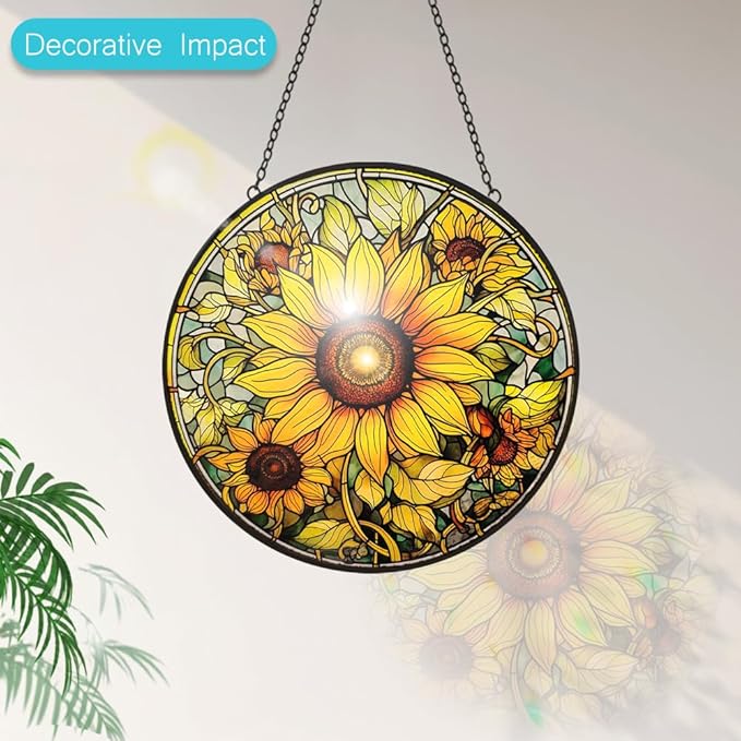 Sunflower Suncatcher Stained Glass Window Hanging Ornaments - 8” Handmade Sun Catchers Indoor Window Outdoor Garden Decor - Wall Art Sun Flower Glass Panel with Hooks - Sunflower Gifts for Women Mom