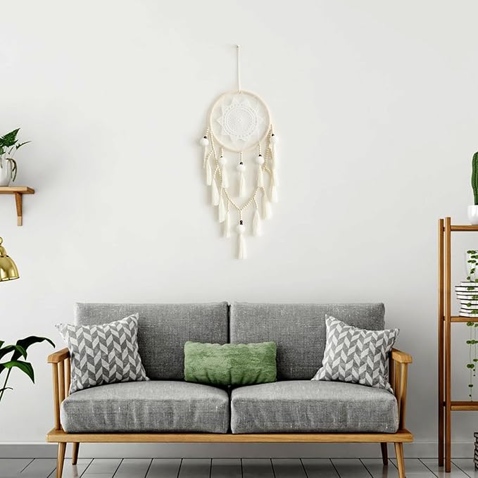 Macrame Dream Catcher Wall Decor with Pom Poms Large White Dreamcatcher Wood Beads Boho Wall Hanging, Handmade Tassels Ornament Room Decor for Girls Bedroom Living Room Weddings