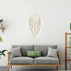 Macrame Dream Catcher Wall Decor with Pom Poms Large White Dreamcatcher Wood Beads Boho Wall Hanging, Handmade Tassels Ornament Room Decor for Girls Bedroom Living Room Weddings