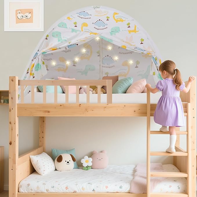 Twin Bed Tent for Kids, Twin Size Bed Canopy with Star Lights, Privacy Space Blackout Sleeping Tents, Indoor Breathable Portable Toddler Bed Tent for Boys and Girls, Dinosaur