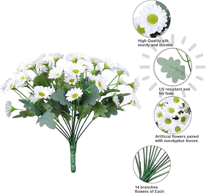 Daisy Artificial Flowers for Outdoors Fall Autumn Decoration, 6 Bundles Fake Mums White Silk Flowers for Outside Look Real UV Resistant Faux Flowers Plants for Planter Front Door Home Indoor Porch Urn