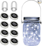 8 Pack Fairy Star Firefly Jar Lids Lights,Solar Fairy String Lids Lights（No Jars）,Waterproof Lantern Mason String Solar Lights with Hangers for Regular Mouth Jars Christmas Gifts(Cold White)