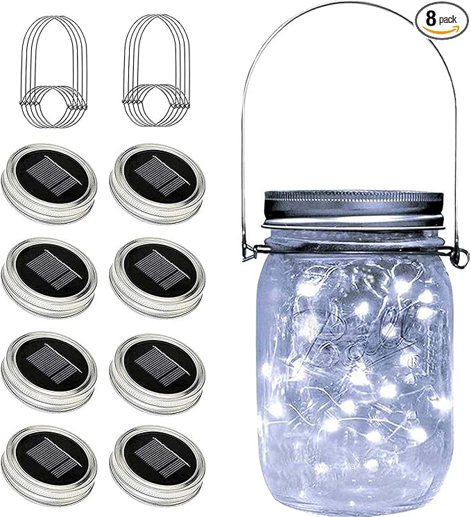 8 Pack Fairy Star Firefly Jar Lids Lights,Solar Fairy String Lids Lights（No Jars）,Waterproof Lantern Mason String Solar Lights with Hangers for Regular Mouth Jars Christmas Gifts(Cold White)