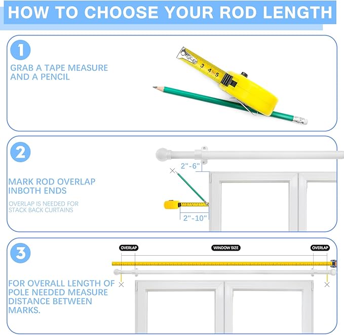 Curtain Rods for Windows 16 to 136 Inches, Curtain Rod Max Adjustable Length of 144 IN, 6/8" Diameter Drapery Rods Round Finials, White, Pack of 2