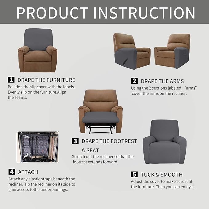 Easy-Going 4 Pieces Oversized Recliner Stretch Sofa Slipcover Sofa Cover Furniture Protector Couch Soft with Elastic Bottom Polyester Spandex Jacquard Fabric Small Checks Gray X-Large