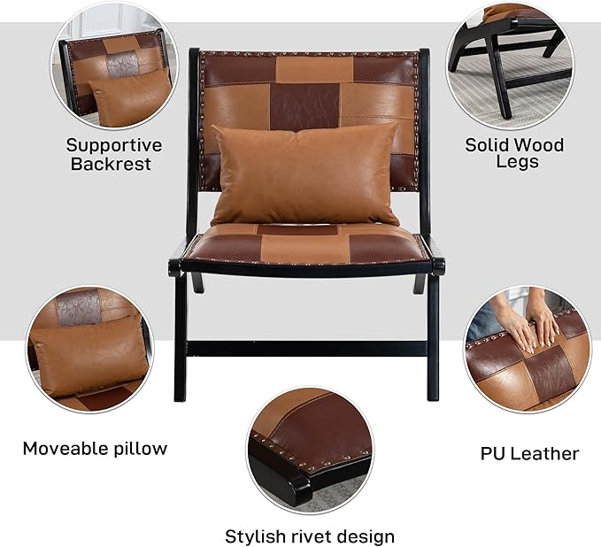 Accent Chair, Modern Comfy Genuine Leather Armless Mid-Century Anthropologie Accent Chairs, Lounge Arm Chair with Solid Wood, Floral Pattern Sofa Chair for Living Room/Office/Balcony/Bedroom