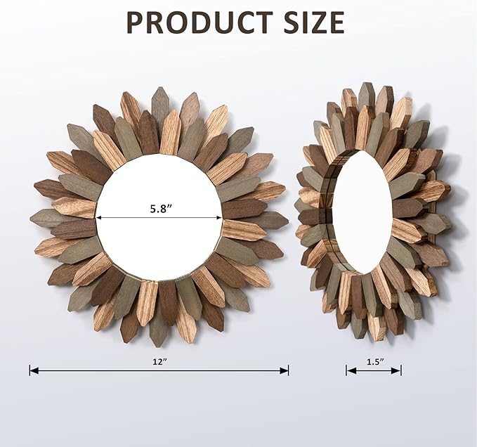 Honiway Boho Wall Decor 12 inch Decorative Mirror with Rustic Wood Sunburst Frame, Perfect for Bedroom, Living Room, Bathroom, Kitchen