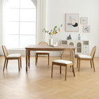 Mid Century Dining Chairs Set of 4, Accent Rattan Side Chairs Sherpa Fabric Kitchen Chair with Solid Wooden Legs for Living Room Dining Room, White