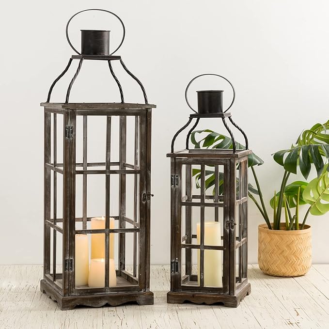 Glitzhome Farmhouse Oversized Wood Metal Lanterns Decorative Hanging Candle Lanterns Set of 2, Black (No Glass)
