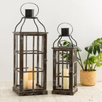 Glitzhome Farmhouse Oversized Wood Metal Lanterns Decorative Hanging Candle Lanterns Set of 2, Black (No Glass)