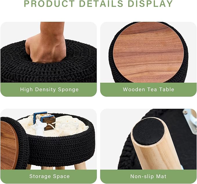 Wimarsbon Pouf Ottoman, 100% Cotton Knitted Boho Footstool, Round Footrest with Non-Skid Wood Legs, Home Décor Handmade Pouffe, Leisure Floor Step Stool for Living Room (Storage Black)