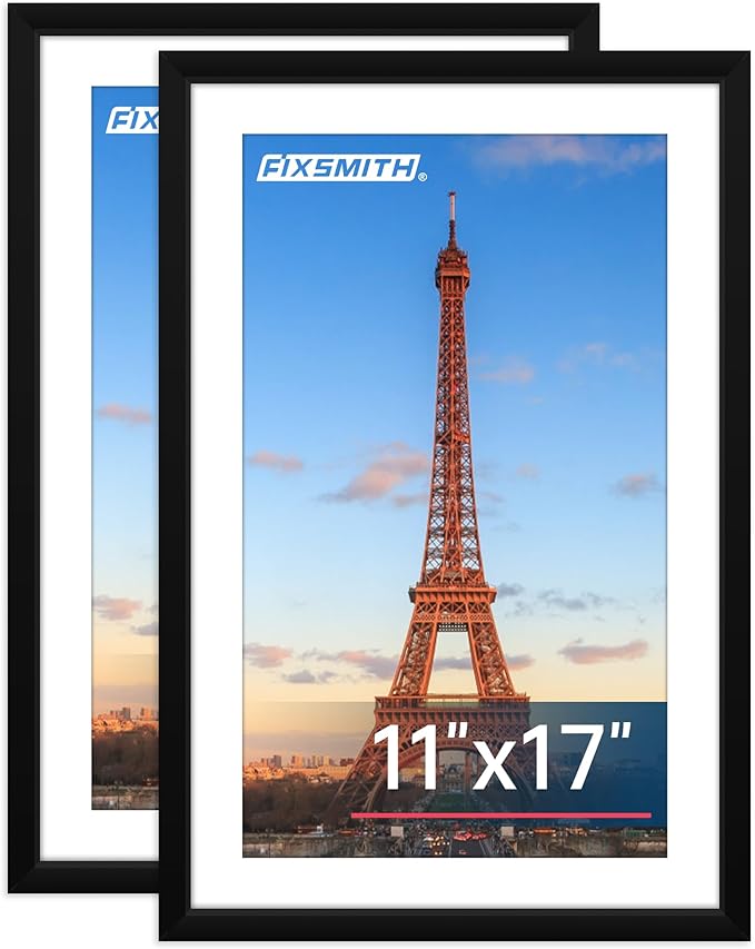 FIXSMITH 11x17 Picture Frame Set of 2, Photo Frame with HD Plexiglass, Display Pictures 9x15 with Mat or 11x17 Without Mat, Black Picture Frames Collage Wall Decor, Gallary Wall Frame