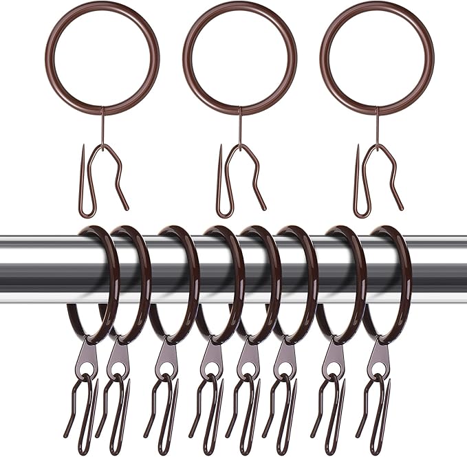 Hotop 30 Pcs Metal Drapery Curtain Rings 0.98/1.26/1.65 inch Interior Diameter and 30 Pcs Hanging Curtain Drapery Pin Hooks for Window Door Shower(32 mm,Brown)