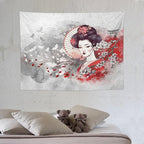 Japanese Geisha Tapestry Asian Red Cherry Blossom Traditional Kimono Folk Tapestries Home Decor for Living Room Bedroom Apartment Farmhouse Dorm 40"x30"