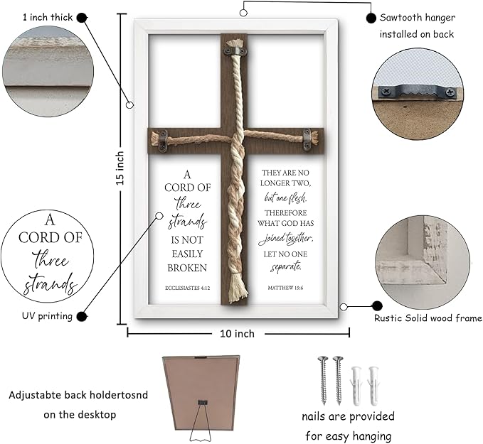 flowtorely A Cord of Three Strands Wedding Ceremony Unity Wall Decor 15"X10" Matthew 19 6 Christian Marriage Prayer Cross Sign Framed Wall Hanging Art (White)