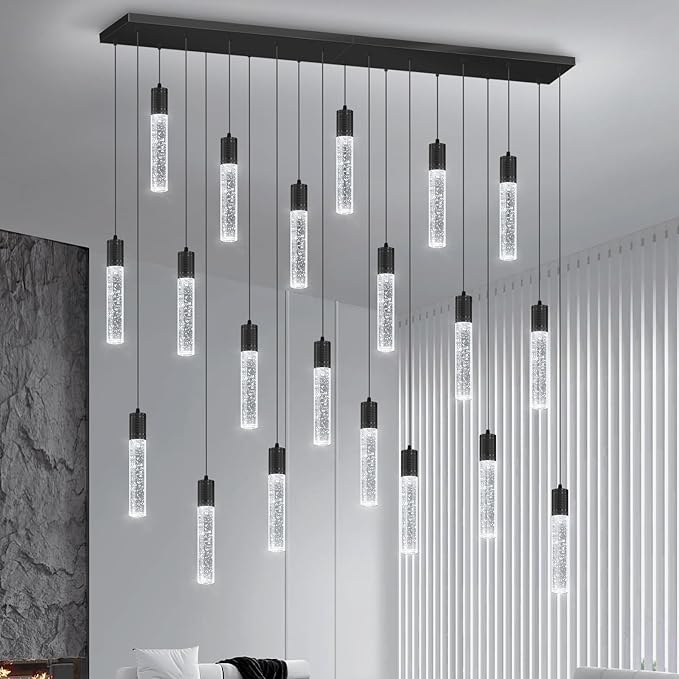 20-Lights Modern Crystal Rectangular Chandeliers LED Pendant Light for Kitchen Island High Ceiling Chandelier for Dining Room Entrance Foyer Living Room Black