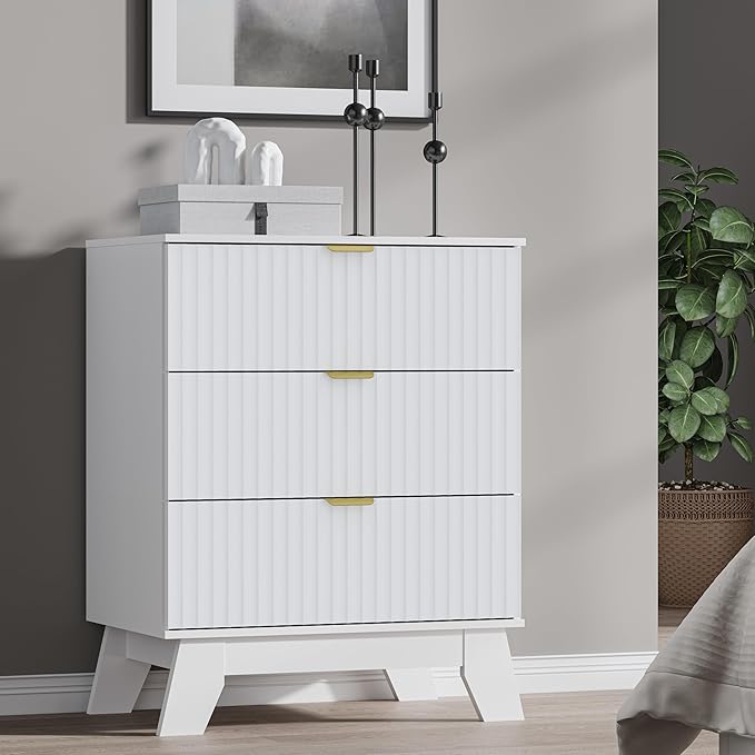 Fluted 3 Drawer Dresser, 30.3" Tall Compact Modern Boho Chest of Drawers, Wooden Storage Cabinet for Bedroom, Living Room, Entryway, Curved Profile Design