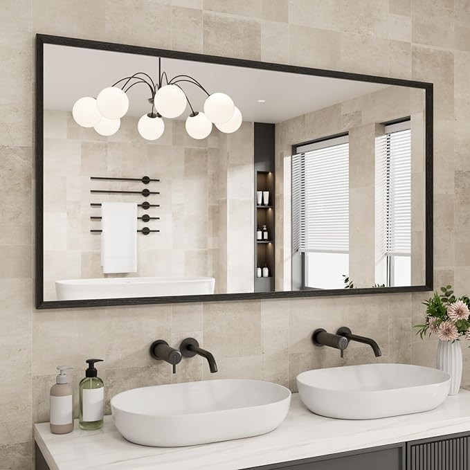 Rectangle Bathroom Mirror 55x30 Inch, Matte Black Framed, 4MM Tempered Glass, Anti-Rust, Wall-Mount Vanity Mirror for Bathroom & Bedroom, Hangs Horizontally or Vertically