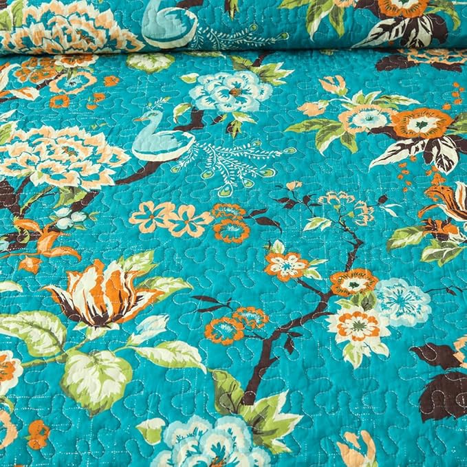 ENASAL Cotton Bedspread Quilt Sets Reversible Bedding Coverlet Sets Comforter, Vintage Floral Farmhouse Pastoral Turquoise Bedspread, Queen Size
