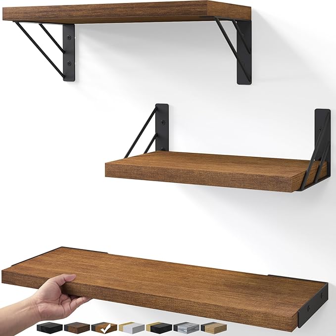 BAYKA Floating Shelves for Wall, Book Shelf for Bedroom, Wall Decor Shelves for Living Room Kitchen, Wood Floating Shelf for Home Decor, Corner Shelf for Bathroom, Office(Walnut-Toned,Set of 3)