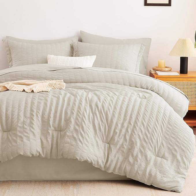 CozyLux Full Size Comforter Sets with Sheets Seersucker 7 Pieces Oatmeal Bed in a Bag Textured Luxury Soft Bedding Set with Down Alternative Comforter, Sheets, Pillowcases & Shams for All Seasons