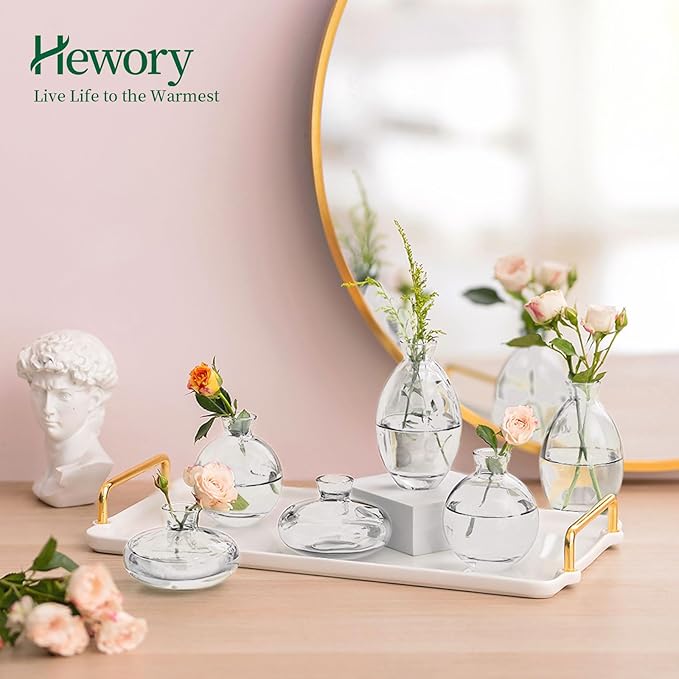 Glass Bud Vases Set of 6, Hewory Cute Clear Small Vases Handmade, Mini Glass Flower Vase for Floral Arrangement, Tiny Centerpiece for Wedding Party Events Home Office Table Decor (Not Include Flower)