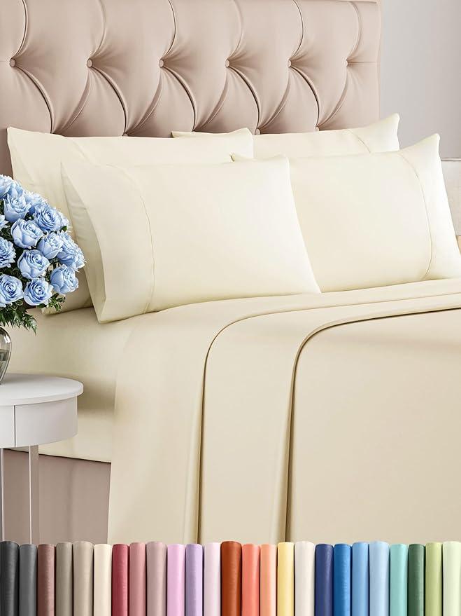 Queen Sheets Set 6 Piece - Includes 4 Pillowcases - Bed Sheets Queen Size - Soft Hotel Luxury Bedding - Cooling, Comfy, Cozy & Breathable - 1 Flat, 1 Fitted & 4 Pillowcases w/ Deep Pockets - Off White