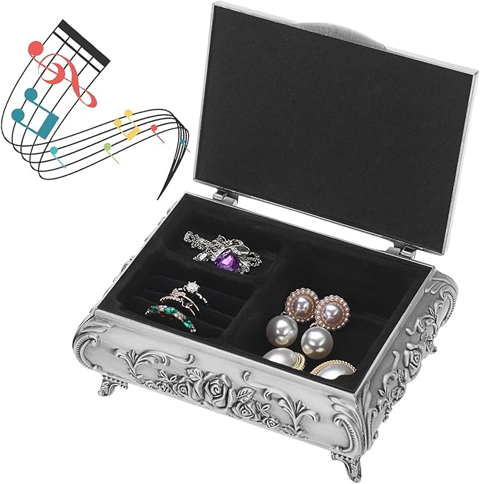 ELLDOO Vintage Music Box, Silver Metal Musical Jewelry Box Keepsake Box, Small Trinket Jewelry Storage Box Gift for Girl Women (Tune: You are My Sunshine)