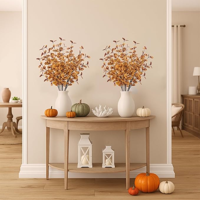 6pcs Artificial Fall Eucalyptus Stems Leaves Fall Decorations Silk Fake Eucalyptus Branches for Vase Boquets Autumn Home Wedding Table Thanksgiving Decor Yellow