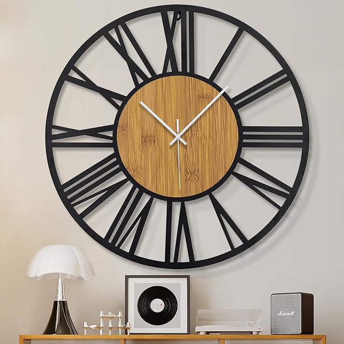 1st owned Wall Clocks for Living Room Decor,32" Vintage,Round Silent Little Ticking,Black Metal,Modern Wood Clocks for Home Bedroom,Kitchen,Garden,Office,Cafe,Modern Wall Decoration -Roman Numerals