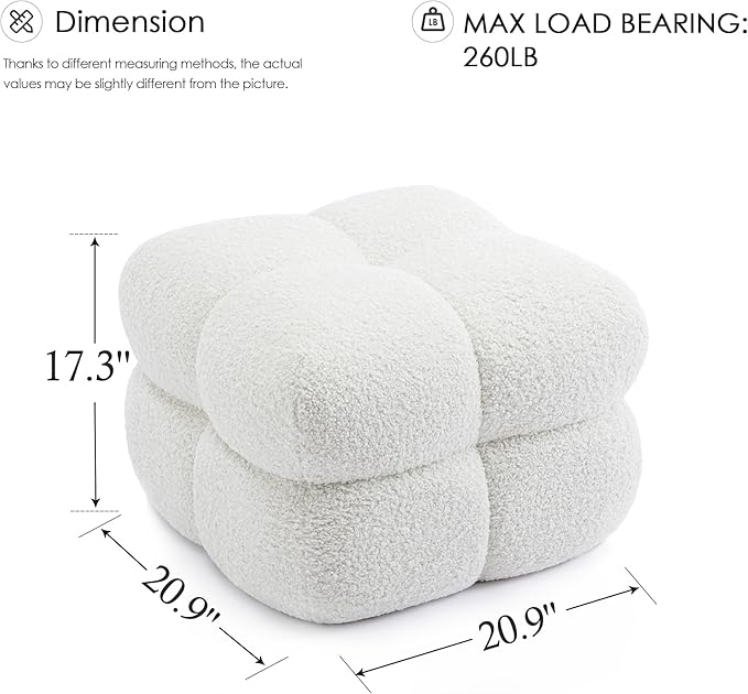 Zesthouse Square Pouf Ottoman, Modern Ottoman Coffee Table for Living Room, Fuzzy Sherpa Couch Foot Rest, Upholstered Tufted Cube Stool for Couch, White