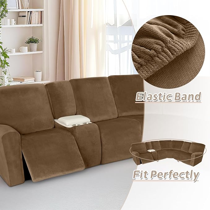 Arfntevss Sectional Recliner Couch Covers Velvet Washable Corner Sectional Sofa Cover for Reclining Stretch Soft Thick L Shape Recliner Slipcover Set (5 Seat with 1 Console Cover, Light Brown)
