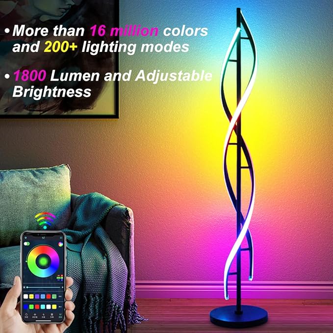 LENIVER RGB Spiral Floor Lamp, Unique LED Corner Lamp Standing Lamp with Remote Control, Dimmable Color Changing Mood Lighting for Living Room, Bedroom, Gaming Room - Black