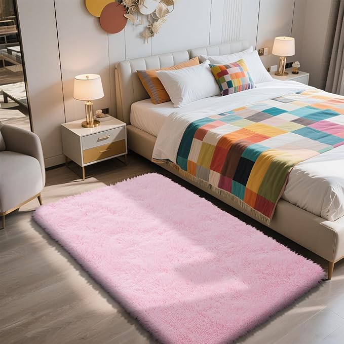 Shag Area Rug for Bedroom 3x5,Pink Fluffy Area Rugs for Living Room,Soft Fuzzy Rug Non-Shedding Indoor Plush Carpet for Kids Bedroom Nursery Dorm Home Decor