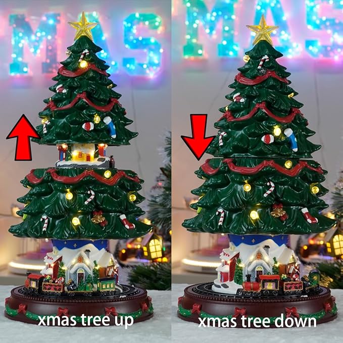 19" Christmas Tree Village House - Animated Tabletop Display with Moving Train, Up & Down Christmas Tree, LED Lights, and Holiday Music - Adapter Included Christmas Decor for Home Gift