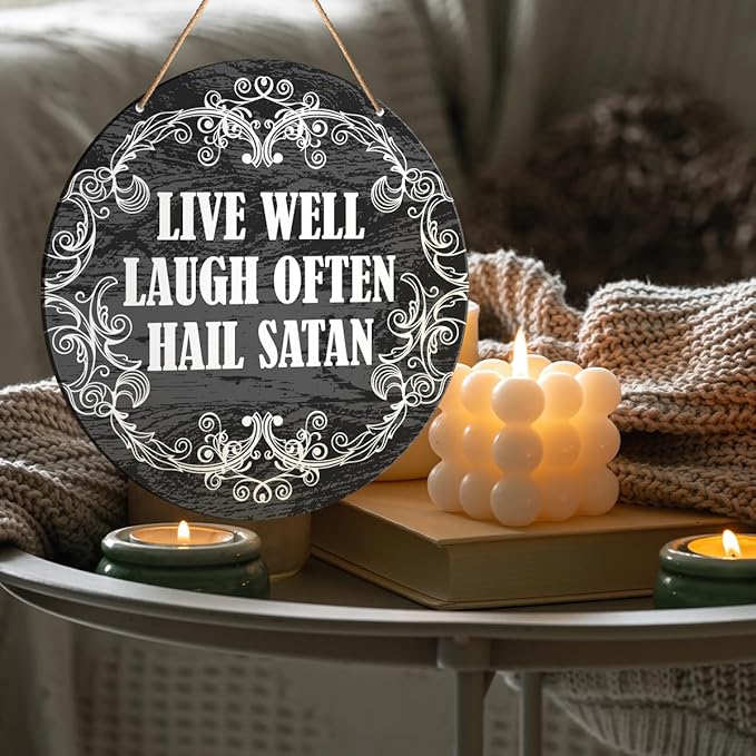 Muktoujaumai Gothic Wall Decor, Satanic Hanging Sign Decor Rustic Witchy Wall Decorations Sign for Gothic House, Living Room, Housewarming Gift for New House Home, Live Well Laugh Often