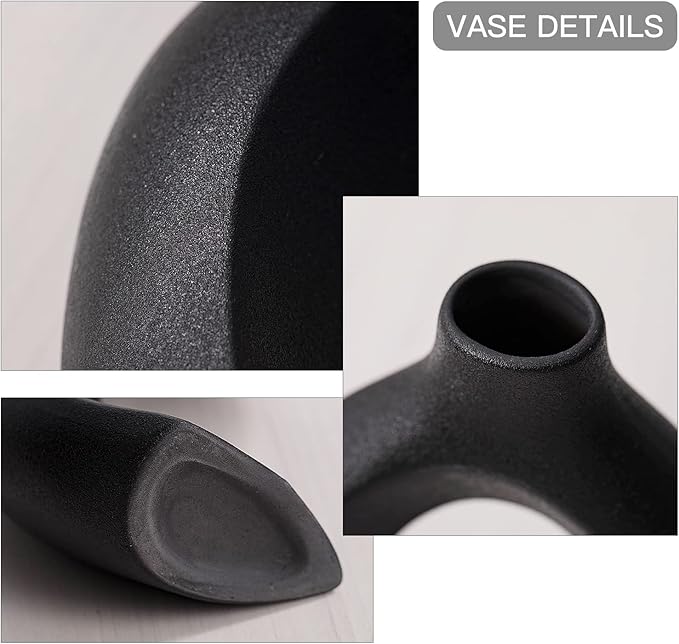 Levvohd Black Hollow Ceramic Vase Set of 2, Snuggle Round Boho Donut Modern Vase Nordic Minimalist Decorative Vase for Modern Trendy Home Table Centerpiece Decor (W 6.3" X H 8")