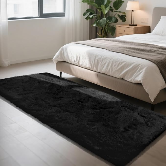 Soft Runner Rugs for Bedroom, Black 2x8 Runners for Hallways Fluffy Rug Area Rug, Bedside Rug for Living Room Bedroom Kids Room Home Decor