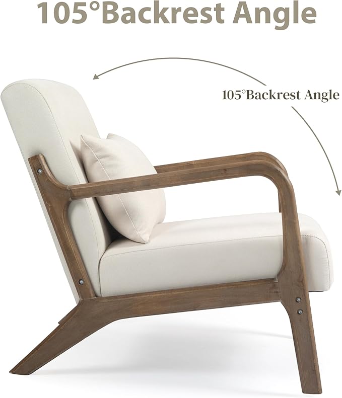 Modern Accent Chair, Cotton Linen Fabric Upholstered Lounge Armchair with Solid Wood Frame for Living Room, Bedroom, Reading Nook (White1)