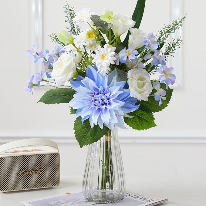 Nubry Fake Artificial Flowers Bouquet,Faux Silk Dahlia Flower Bouquet Floral Arrangement Fake Plant Decor for Tables Centerpieces,Home Office Party Wedding Decor(Blue)
