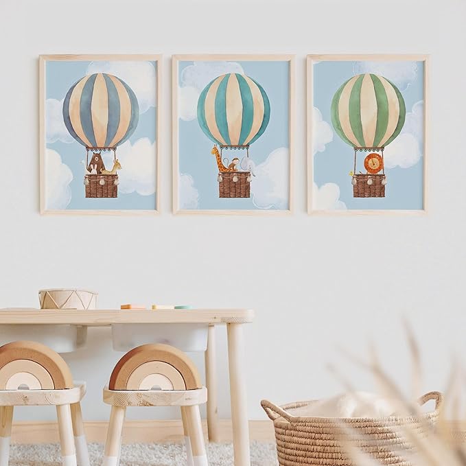 Hot Air Balloon Art Prints (Set of 3) - Unframed - 8x10s | Nursery Wall Decor | Elevate Your Nursery Decor with this Charming Wall Decor | Modern Wall Decor for Your Little One's Room