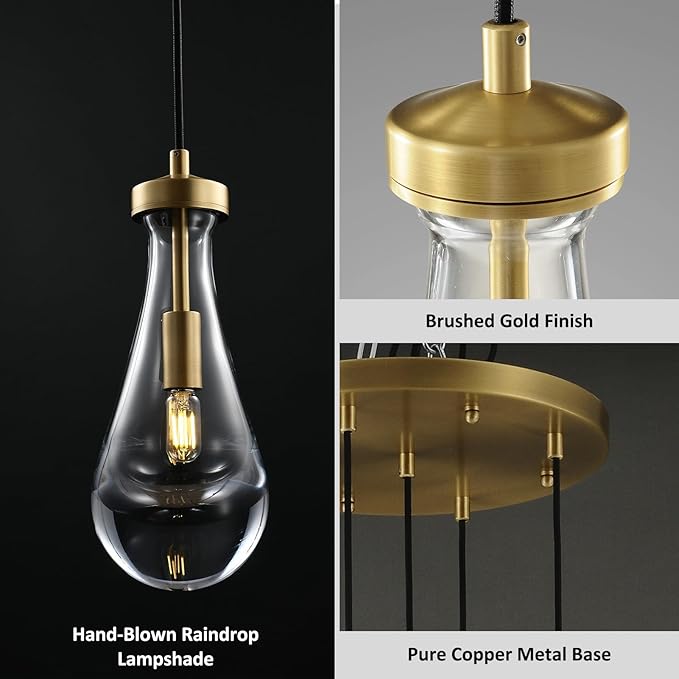 Raindrop 5 Light Cluster Pendant Light, Brass High Ceiling Chandeliers Adjustable, Living Room Pendant Light, Foyer Chandeliers, Stairwell Pendant Lights,E12 Including Bulb