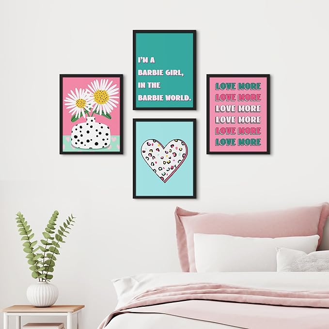 SIGNWIN Framed I'm a Barbie Girl in The Barbie World Wall Art, Set of 4 Heart, Chrysanthemum Illustration Wall Decor Prints, Preppy Room Decor Wall Décor for Living Room, Bedroom - 12"x16" Black