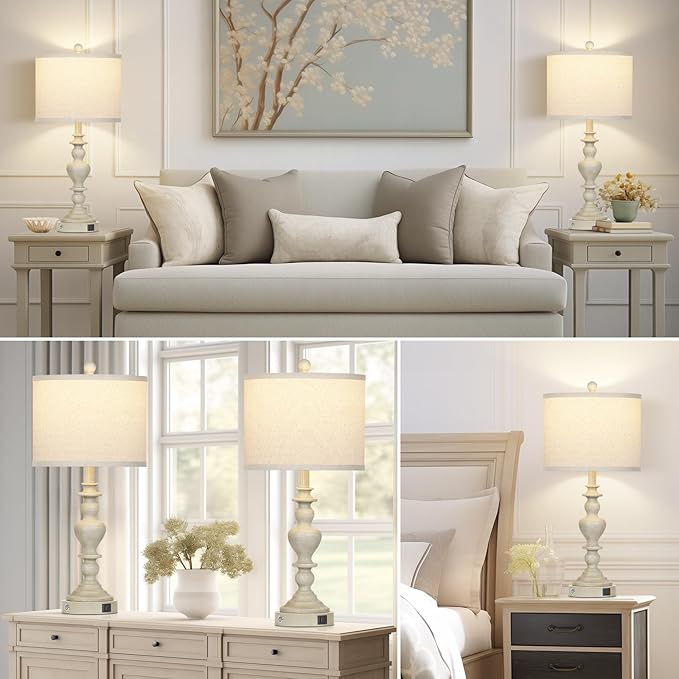 27" Farmhouse Lamps Set of 2 with USB C+A Charging Ports, Vintage Rustic Touch Control Table Lamp for Living Room, 3-Way Dimmable Traditional Nightstand Bedside Lamp for Bedroom Resin Washed Beige