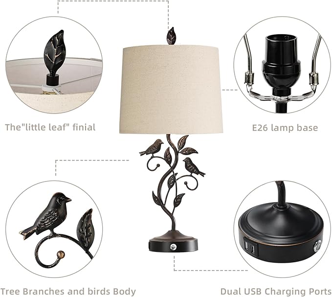 27" Touch Farmhouse Table Lamps for Living Room with 3-Way Dimmable 2 USB Ports, Vintage Rustic Iron Leaf Nightstand Lamp for Bedroom, LED Bulb Included