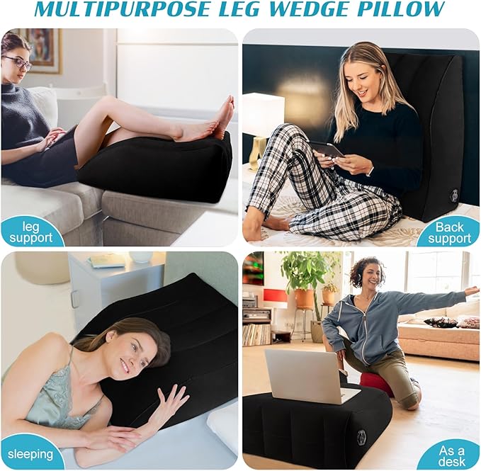 Wedge Pillow for Sleeping - Inflatable Leg Elevation Pillow for Swelling,Circulation,Leg & Back Pain Relief,Leg Support Pillow,Leg Wedge Pillows for After Aurgery,Hip,Foot,Ankle Recovery (Black)